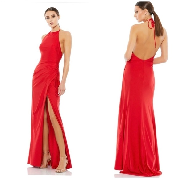 Ieena Mac Duggal Sleeveless Halter Pleated Open Back Gown Red Sz 2 NWT 26623 - Picture 1 of 13